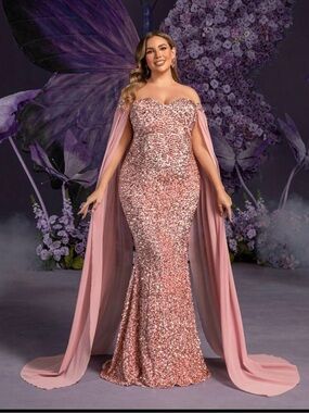 SHEIN Dusty Rose Sequin Mermaid Gown with Draped Cape